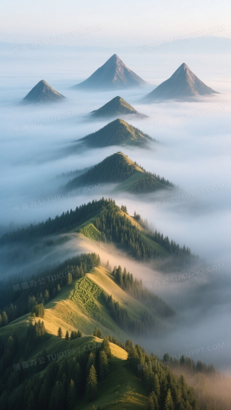 全景接片拍摄技法七座锥形峰峦在流动晨雾中形成深浅不一的蓝灰色阶