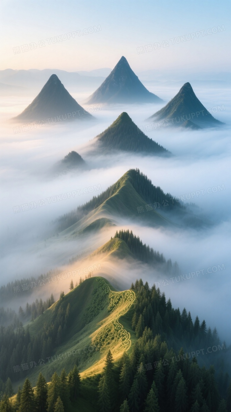 全景接片拍摄技法七座锥形峰峦在流动晨雾中形成深浅不一的蓝灰色阶