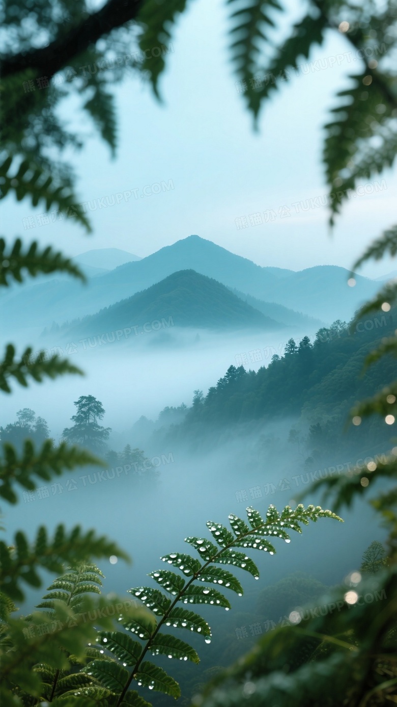 微距风光创意拍摄晨雾笼罩的蕨类植物作为前景框架