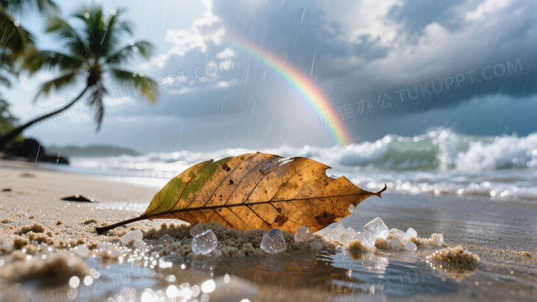暴雨后潮湿沙滩特写微距镜头拍摄椰子落叶脉络与沙粒结晶体