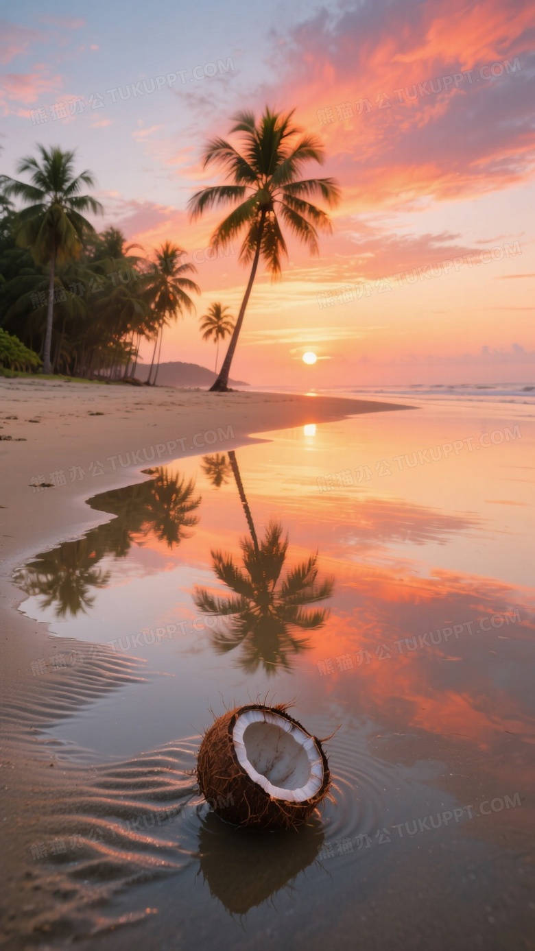 黄昏时分火烧云倒映在退潮沙滩