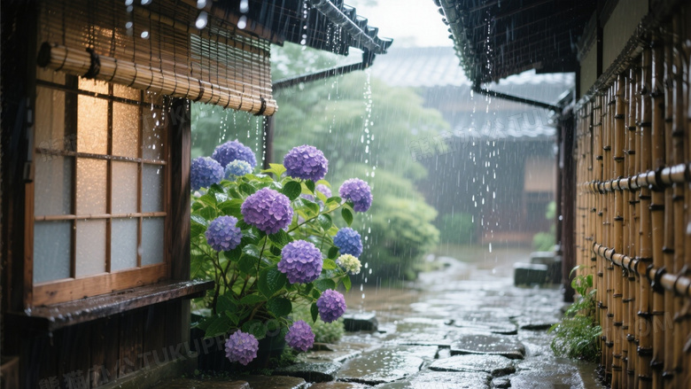 午后阵雨中的日式竹檐廊下