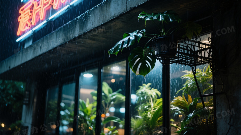 暗调雨夜摄影霓虹灯牌映照混凝土屋檐