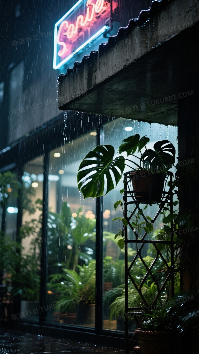 暗调雨夜摄影霓虹灯牌映照混凝土屋檐