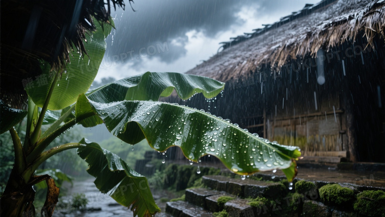 暴雨中的茅草屋檐特写