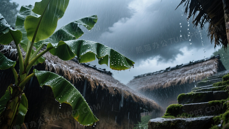 暴雨中的茅草屋檐特写