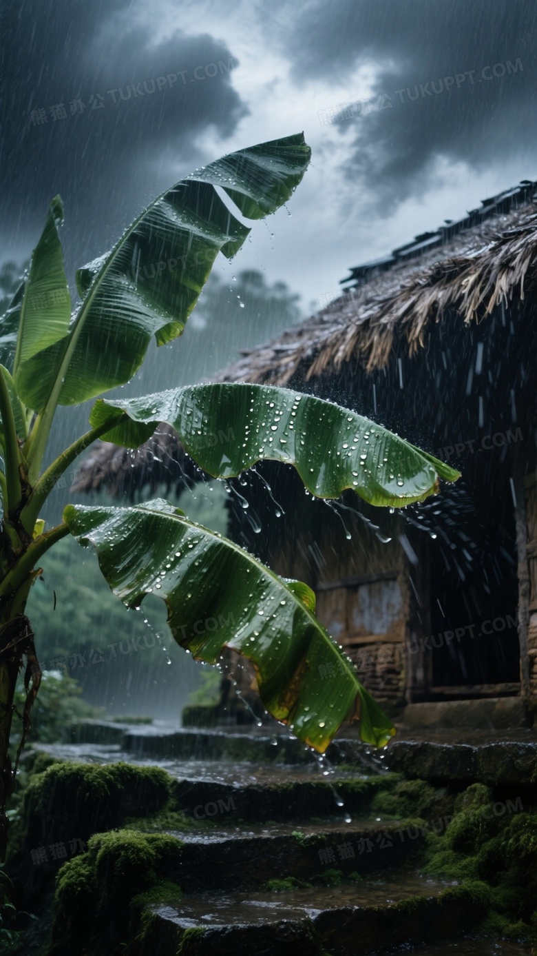 暴雨中的茅草屋檐特写
