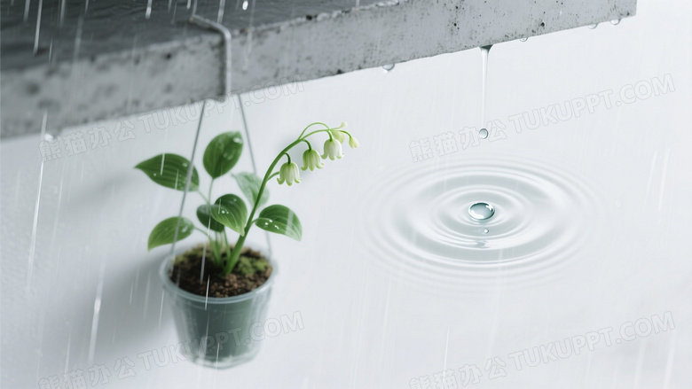极简构图雨景混凝土平檐边缘悬挂铜铃兰盆栽
