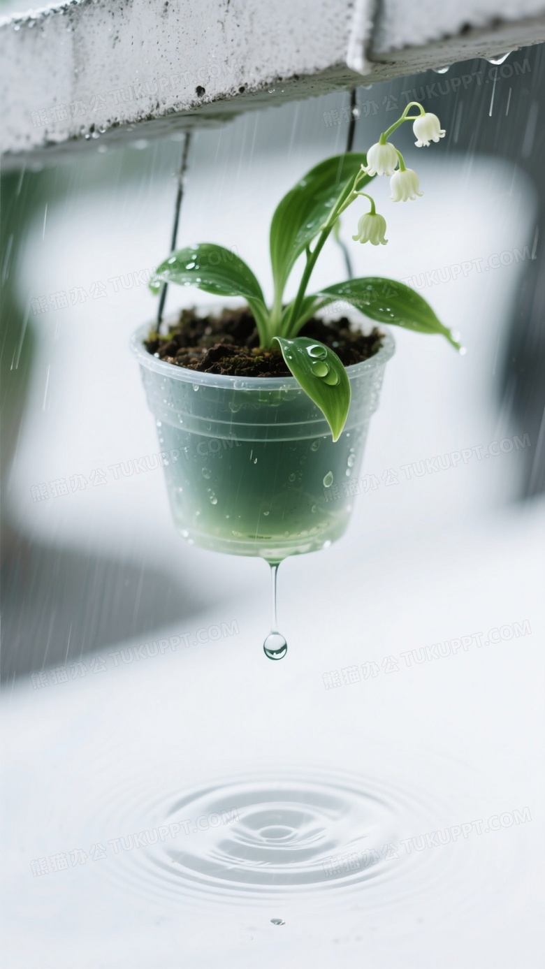 极简构图雨景混凝土平檐边缘悬挂铜铃兰盆栽