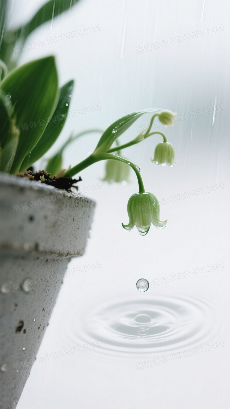 极简构图雨景混凝土平檐边缘悬挂铜铃兰盆栽