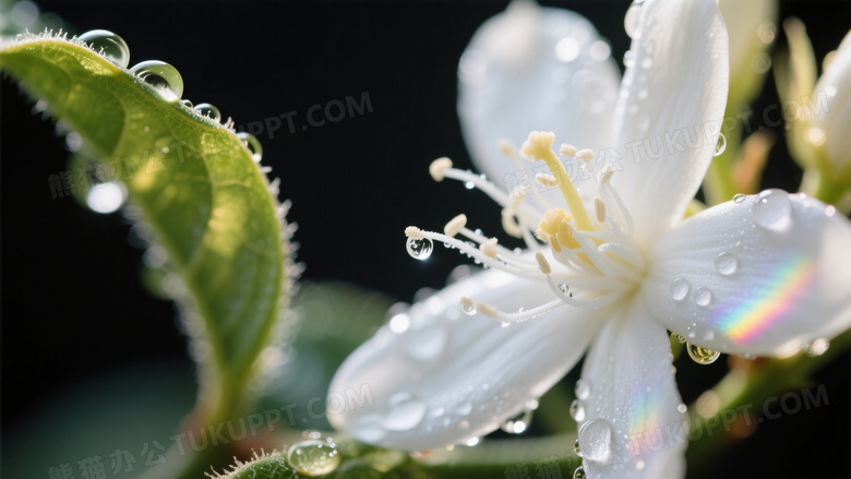 白色茉莉花特写摄影清晨逆光拍摄露珠悬挂花瓣边缘