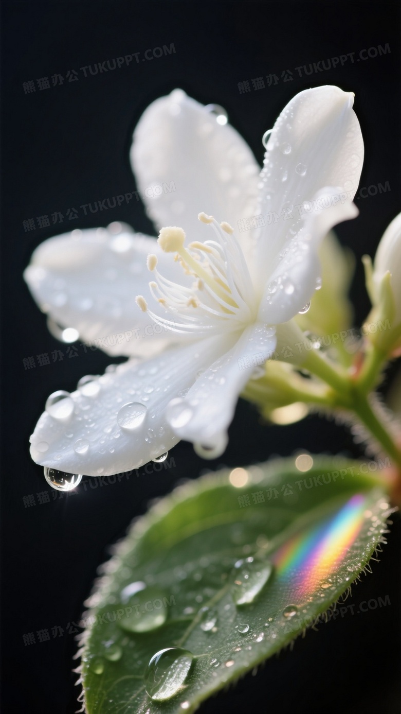 白色茉莉花特写摄影清晨逆光拍摄露珠悬挂花瓣边缘