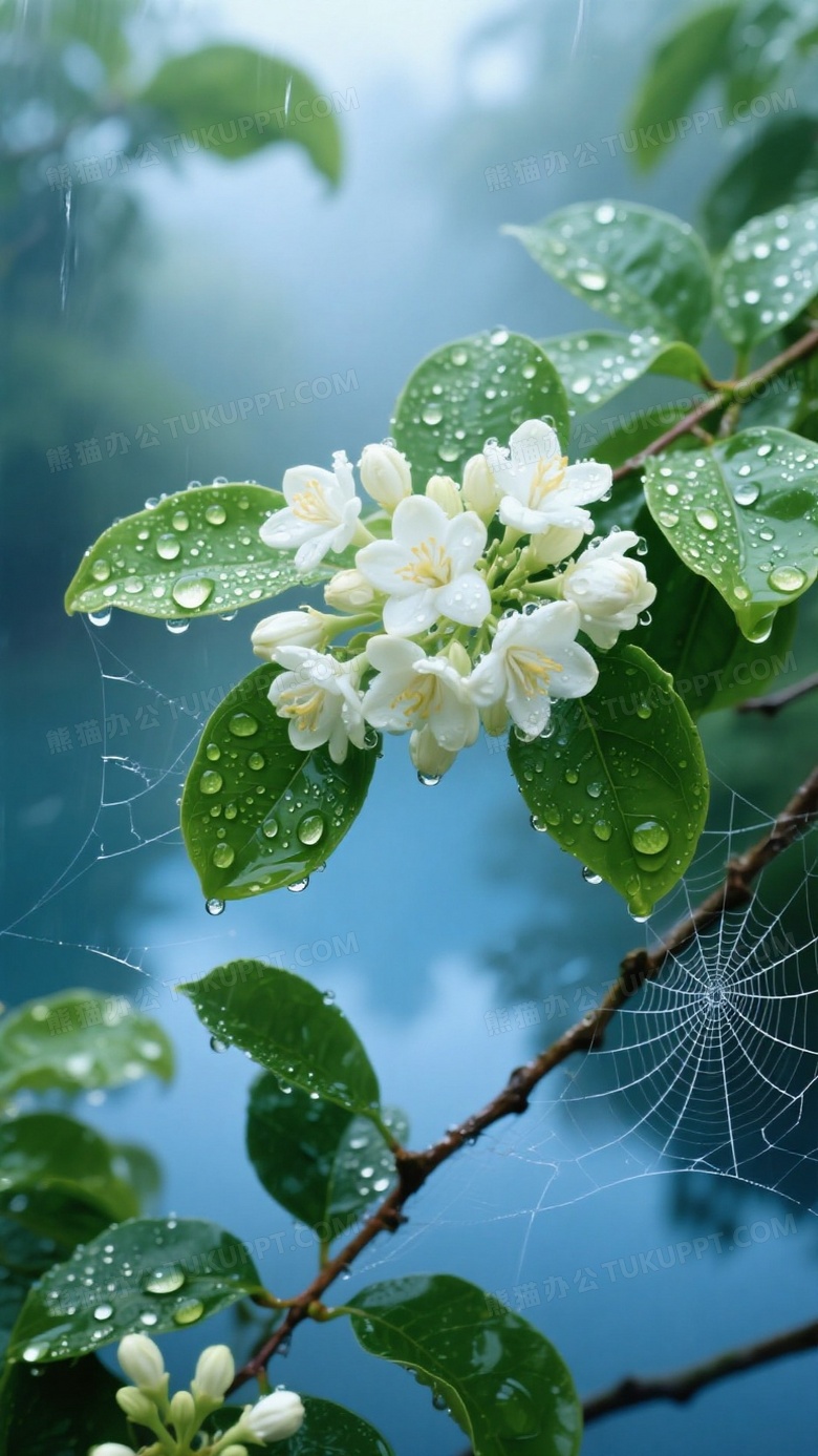 雨后茉莉簇拥绽放广角俯拍绿叶托举晶莹水珠