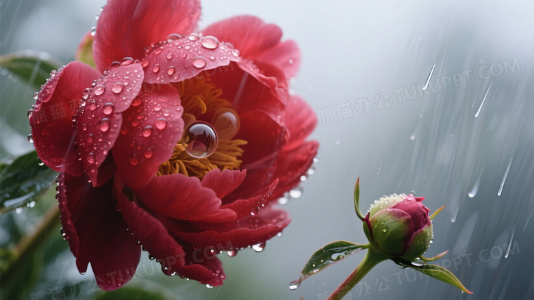 雨後牡丹特写图水珠在绯红花瓣上形成透镜效果