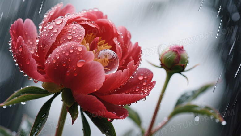 雨後牡丹特写图水珠在绯红花瓣上形成透镜效果