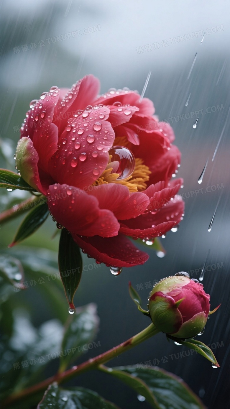 雨後牡丹特写图水珠在绯红花瓣上形成透镜效果