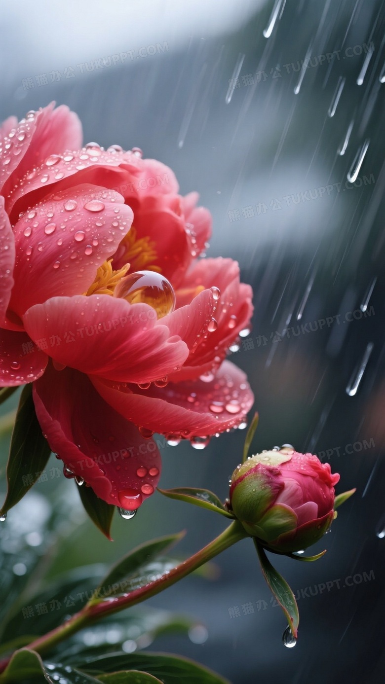 雨後牡丹特写图水珠在绯红花瓣上形成透镜效果