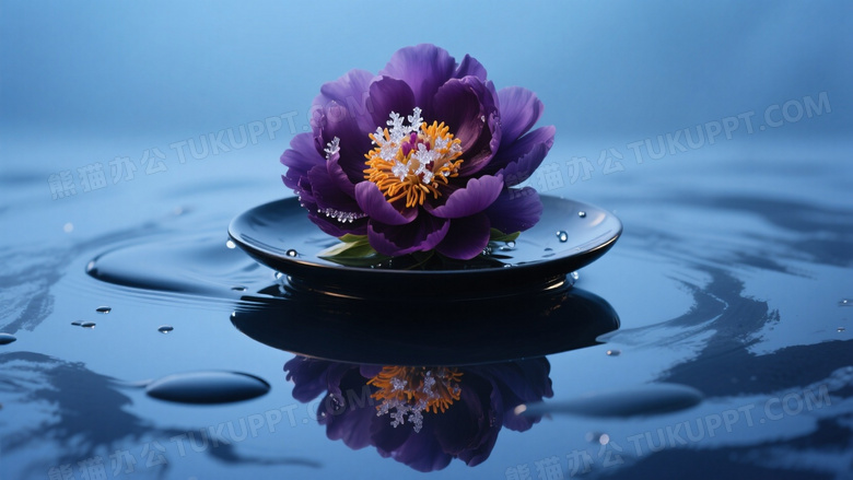 牡丹花蓝调时刻摄影深紫花朵悬浮墨玉盘水滴中