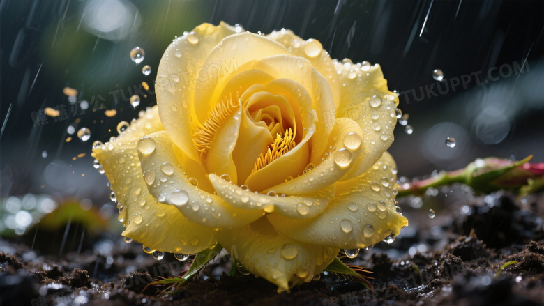 暴雨后黄玫瑰特写高速快门凝固花瓣上的弹跳水球