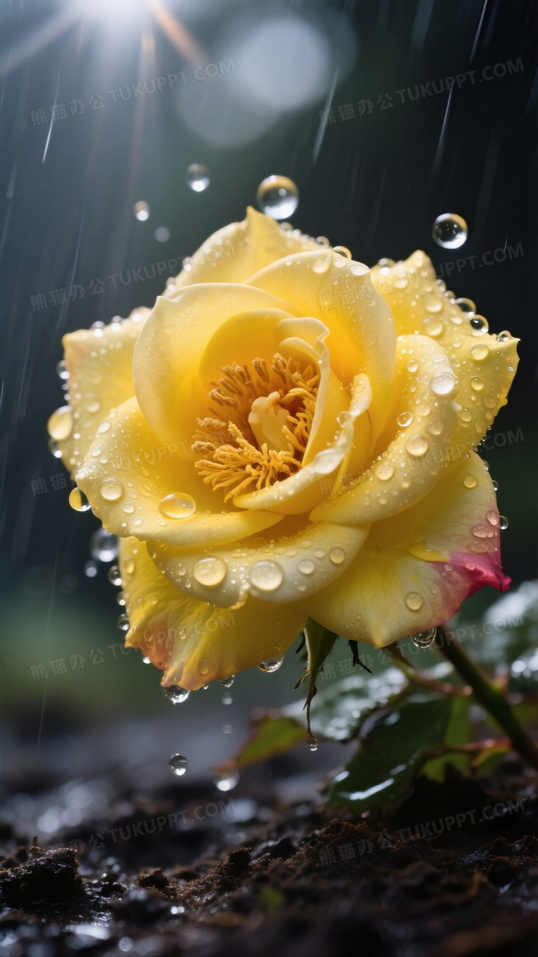 暴雨后黄玫瑰特写高速快门凝固花瓣上的弹跳水球
