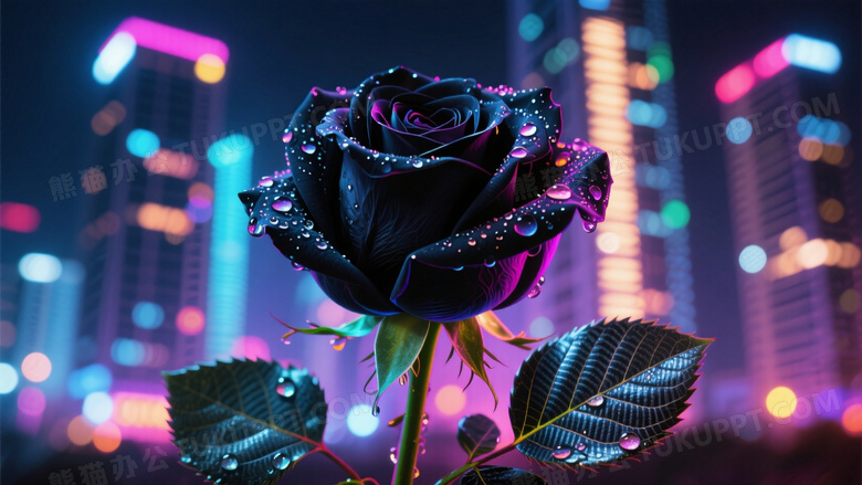 霓虹夜拍黑玫瑰UV灯激发花瓣荧光反应