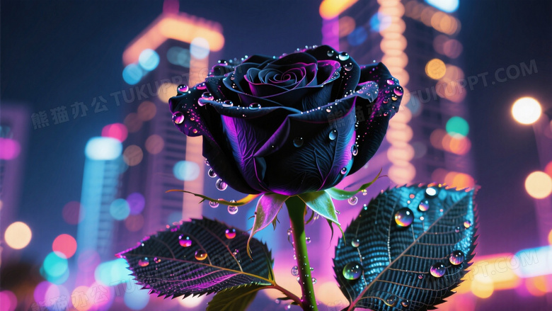 霓虹夜拍黑玫瑰UV灯激发花瓣荧光反应