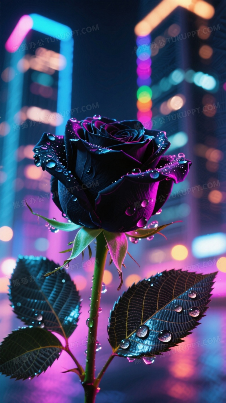 霓虹夜拍黑玫瑰UV灯激发花瓣荧光反应