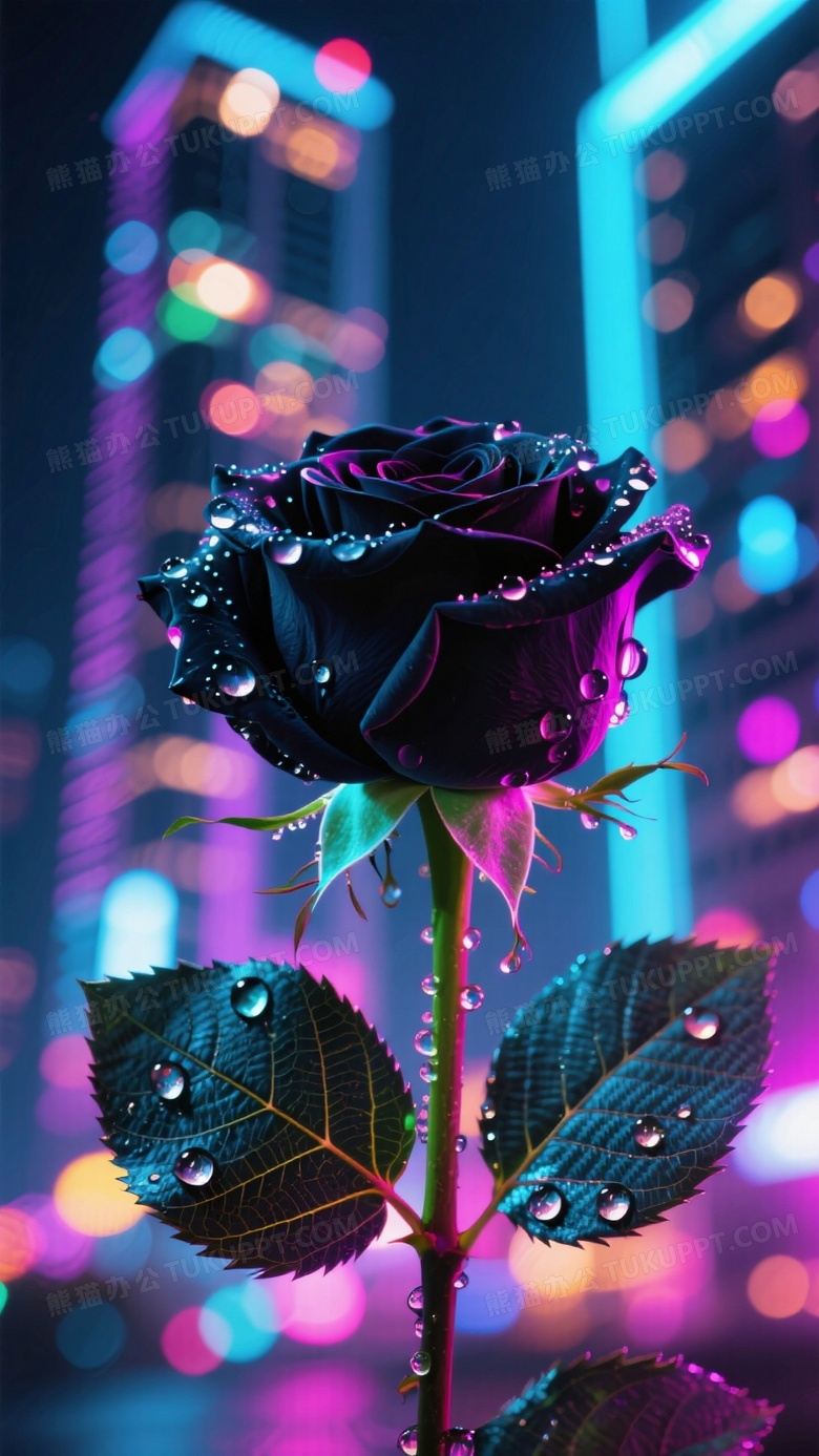 霓虹夜拍黑玫瑰UV灯激发花瓣荧光反应