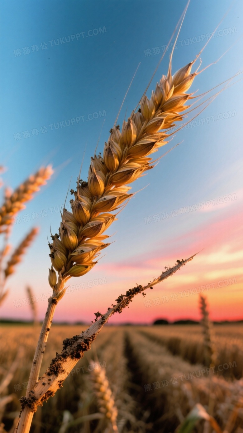 黄昏麦田人像级特写低角度拍摄使麦穗与晚霞同框
