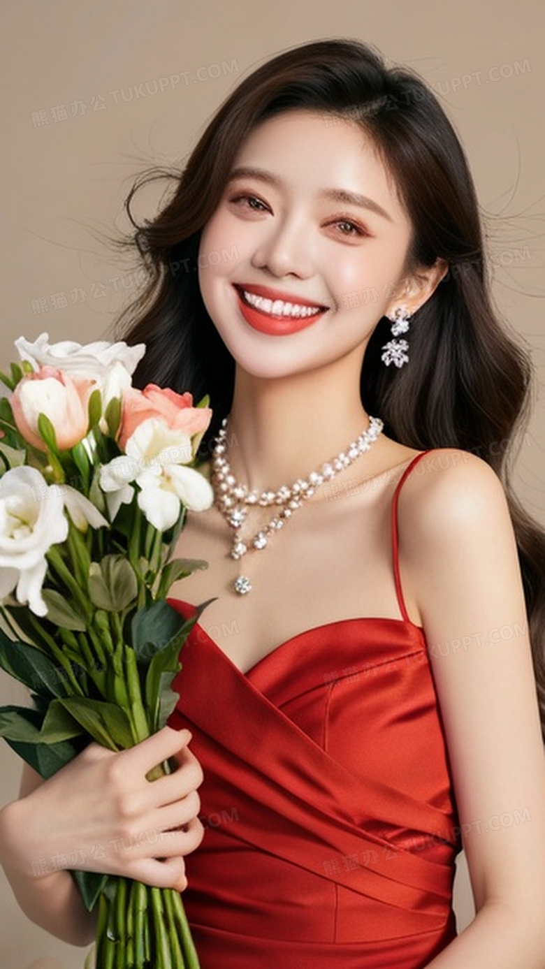美女抱着一束鲜花开心的笑