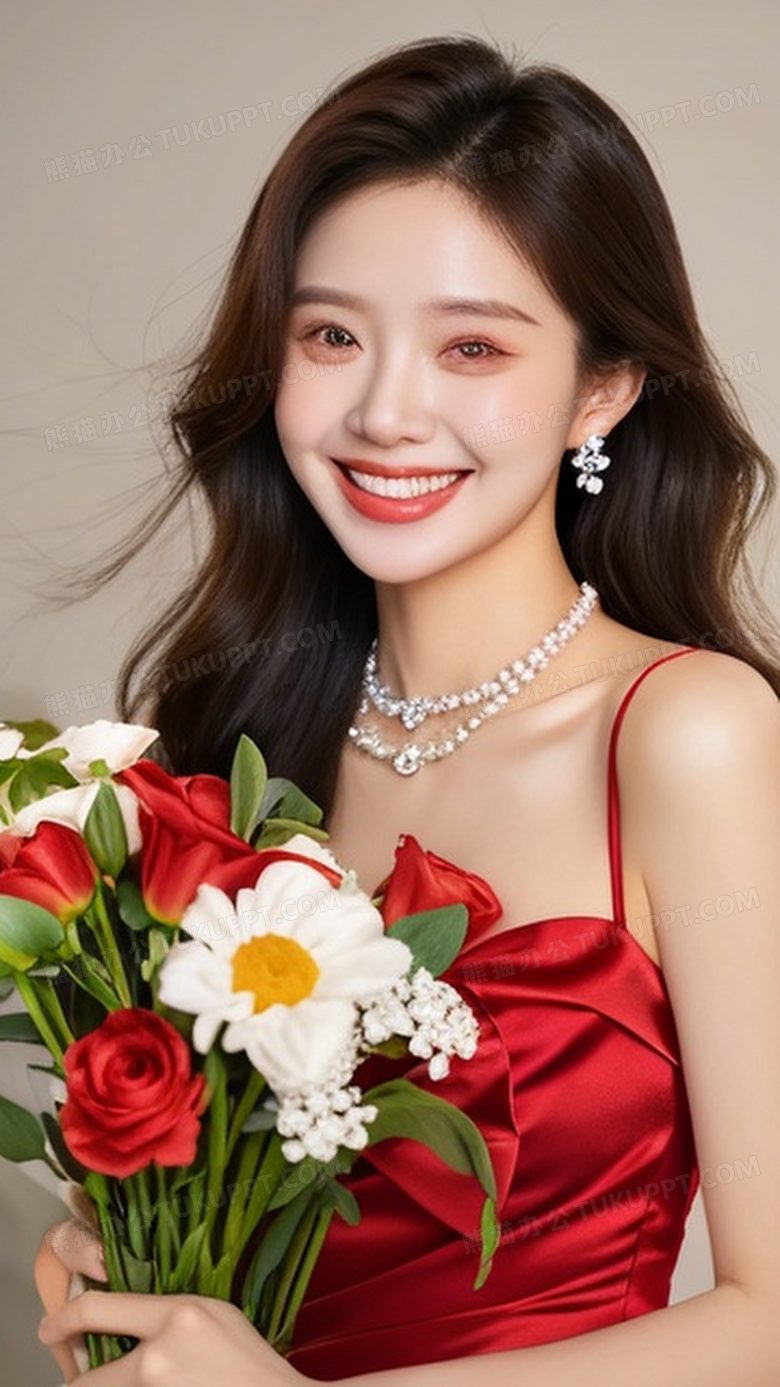 美女抱着一束鲜花开心的笑