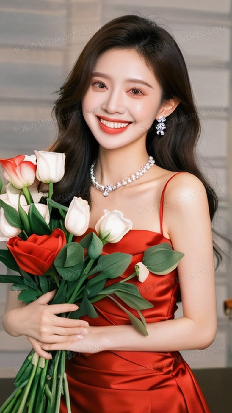 美女抱着一束鲜花开心的笑