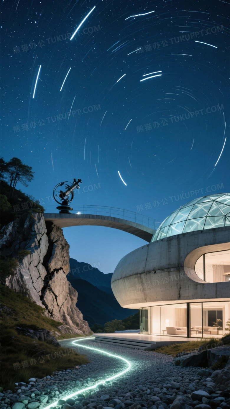 未来感别墅星轨摄影混凝土壳体结构嵌入山体裂缝