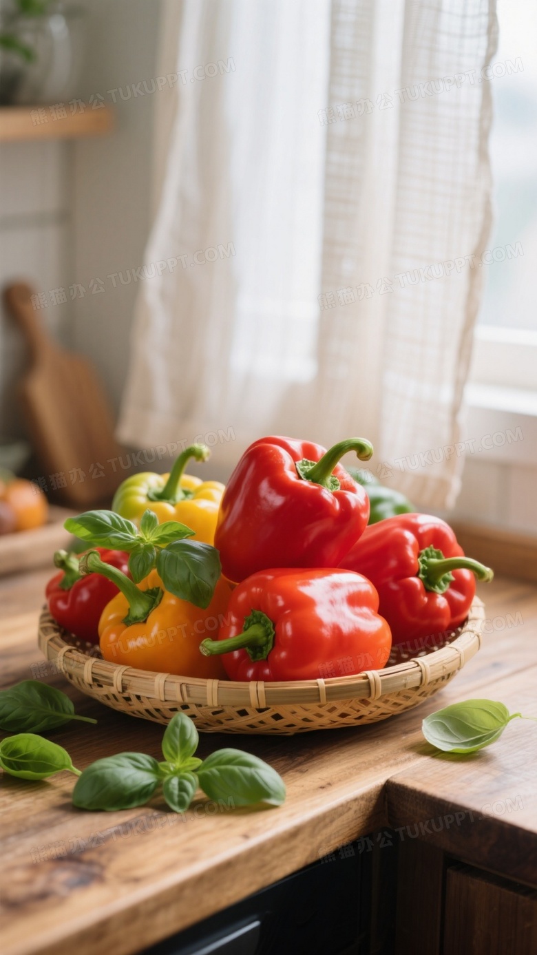 竹编篮盛放彩色甜椒堆叠