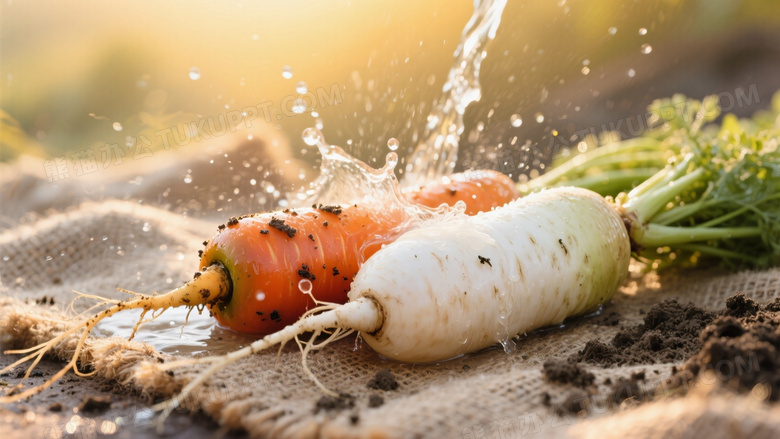 粗麻布衬底摆放胡萝卜与白萝卜组合