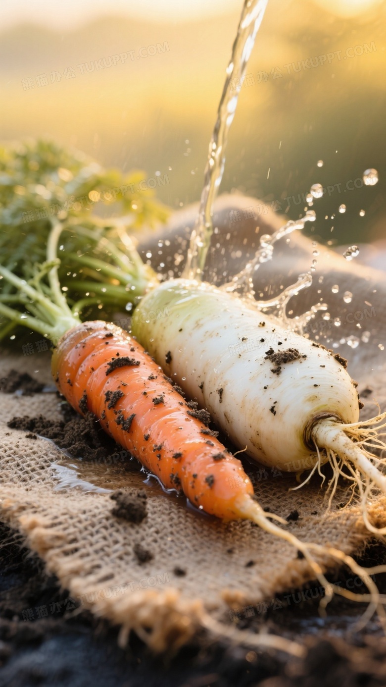 粗麻布衬底摆放胡萝卜与白萝卜组合