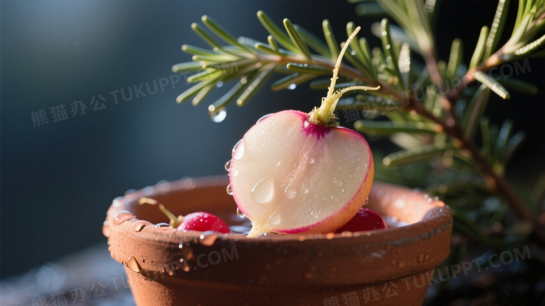 陶土盆装载樱桃萝卜特写