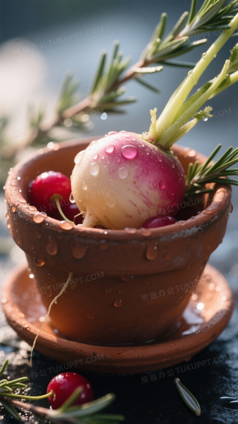 陶土盆装载樱桃萝卜特写