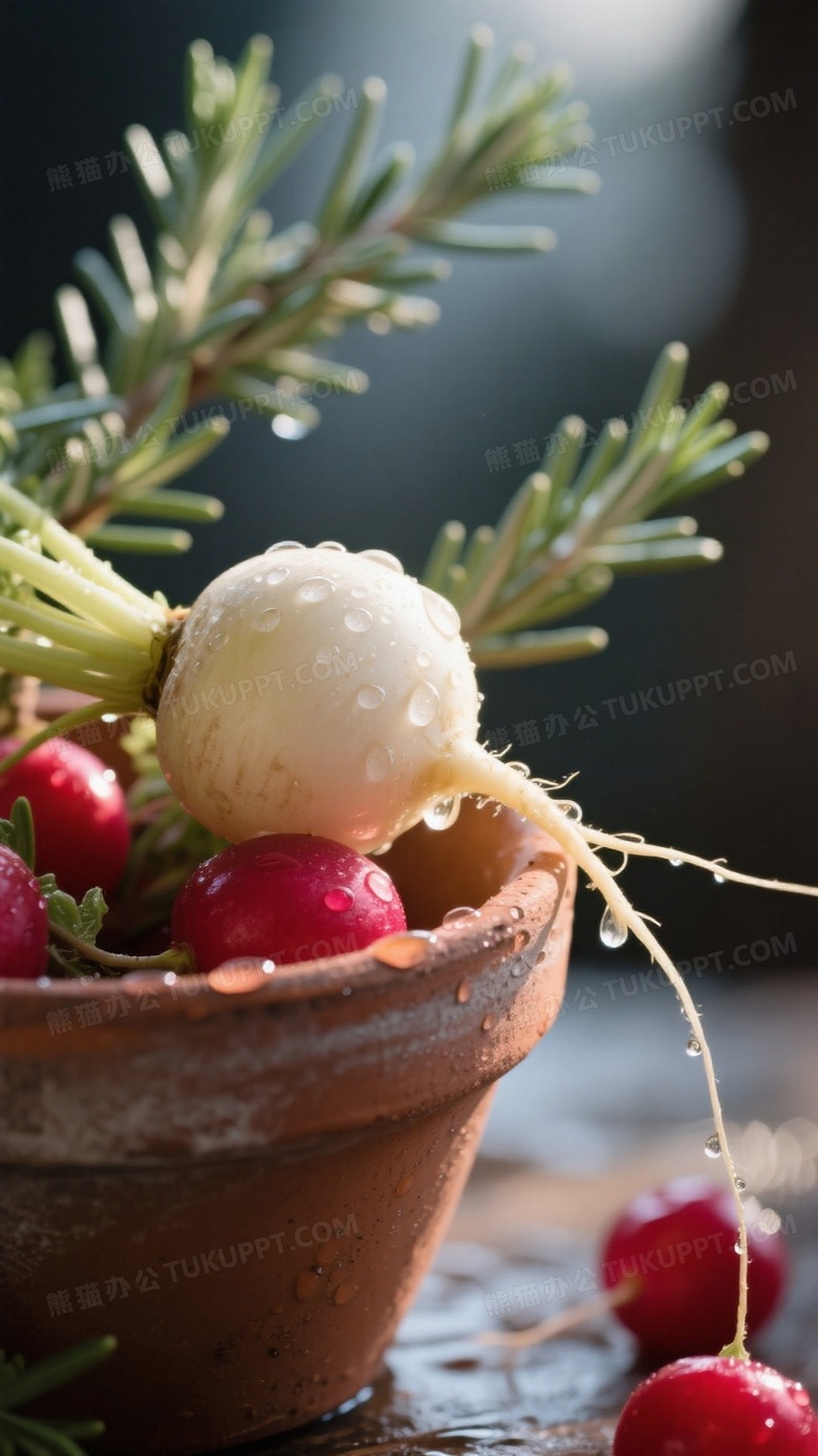 陶土盆装载樱桃萝卜特写