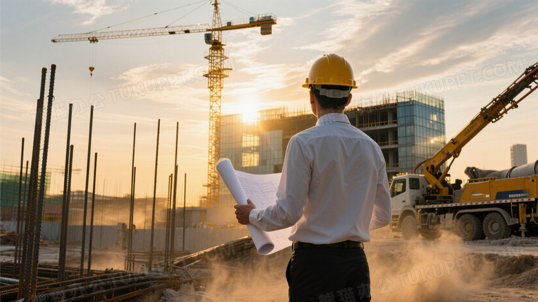 工程师背影立于钢筋林立的工地