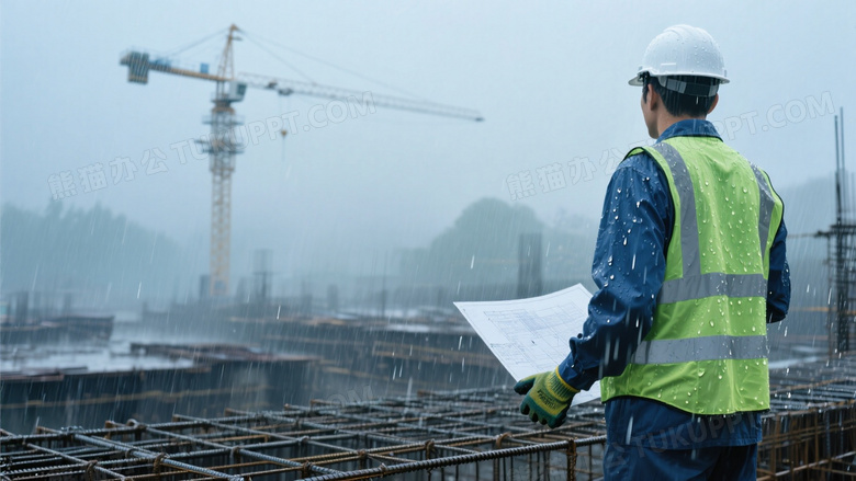 细雨中的建筑工地工程师蓝灰工装背影融入钢筋网格