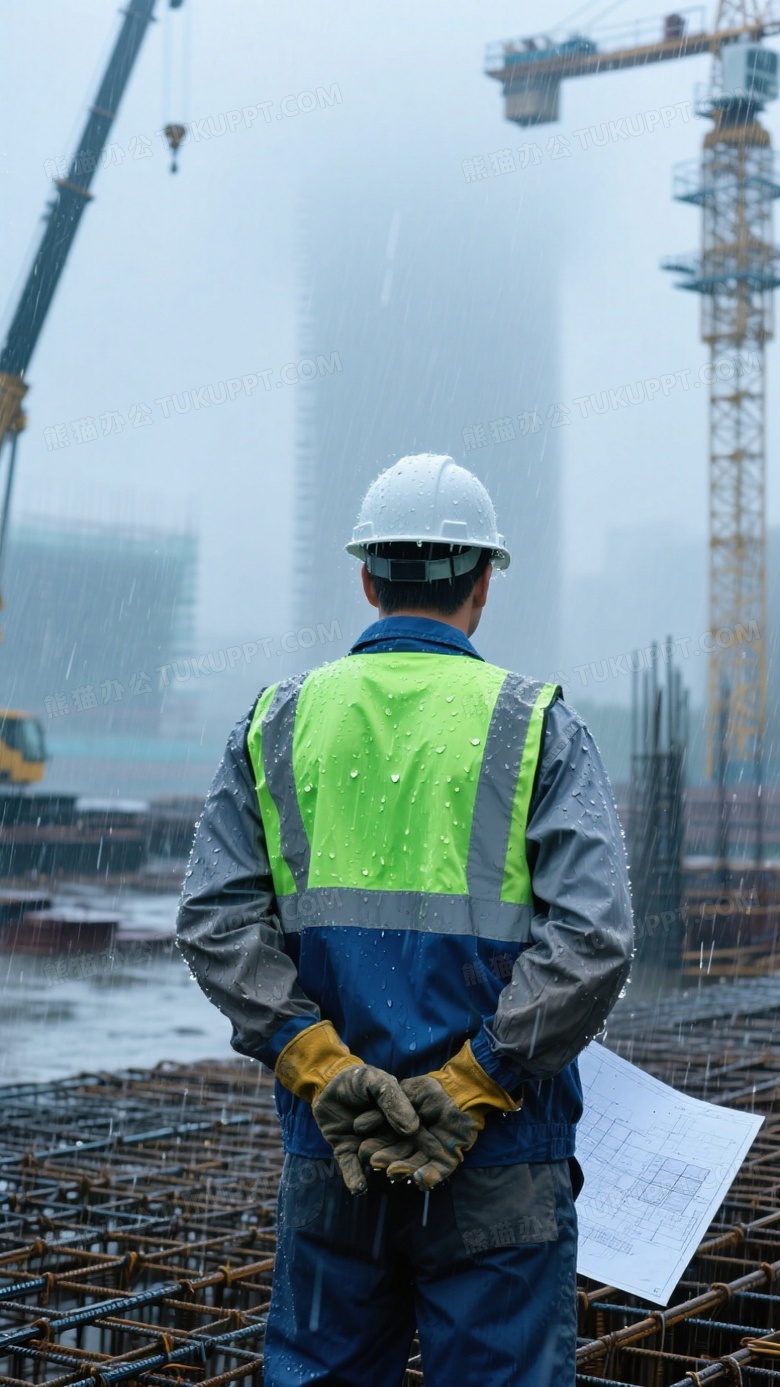 细雨中的建筑工地工程师蓝灰工装背影融入钢筋网格
