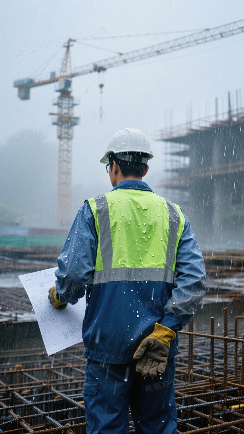 细雨中的建筑工地工程师蓝灰工装背影融入钢筋网格