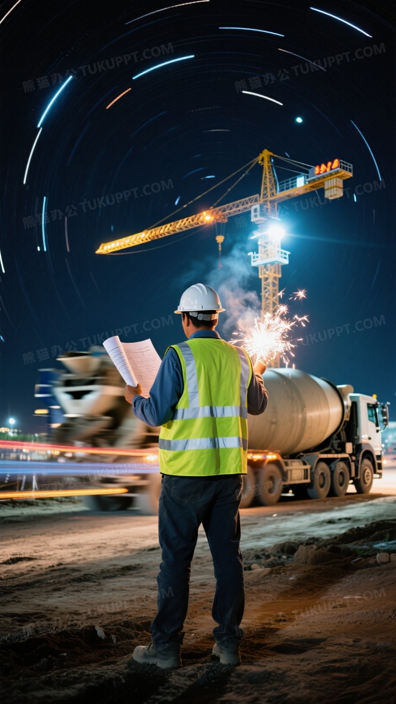 夜间工地长曝光画面工程师背影化作静止锚点