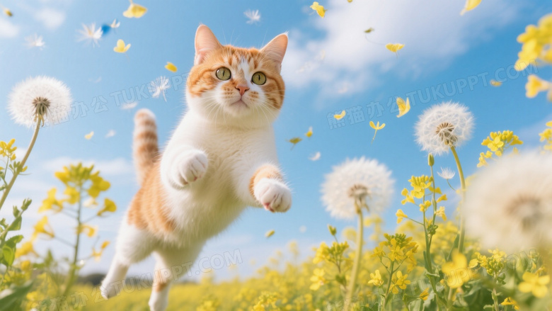 橘白相间奶猫在油菜花丛扑腾