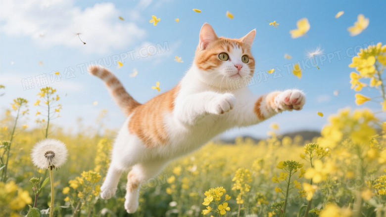 橘白相间奶猫在油菜花丛扑腾