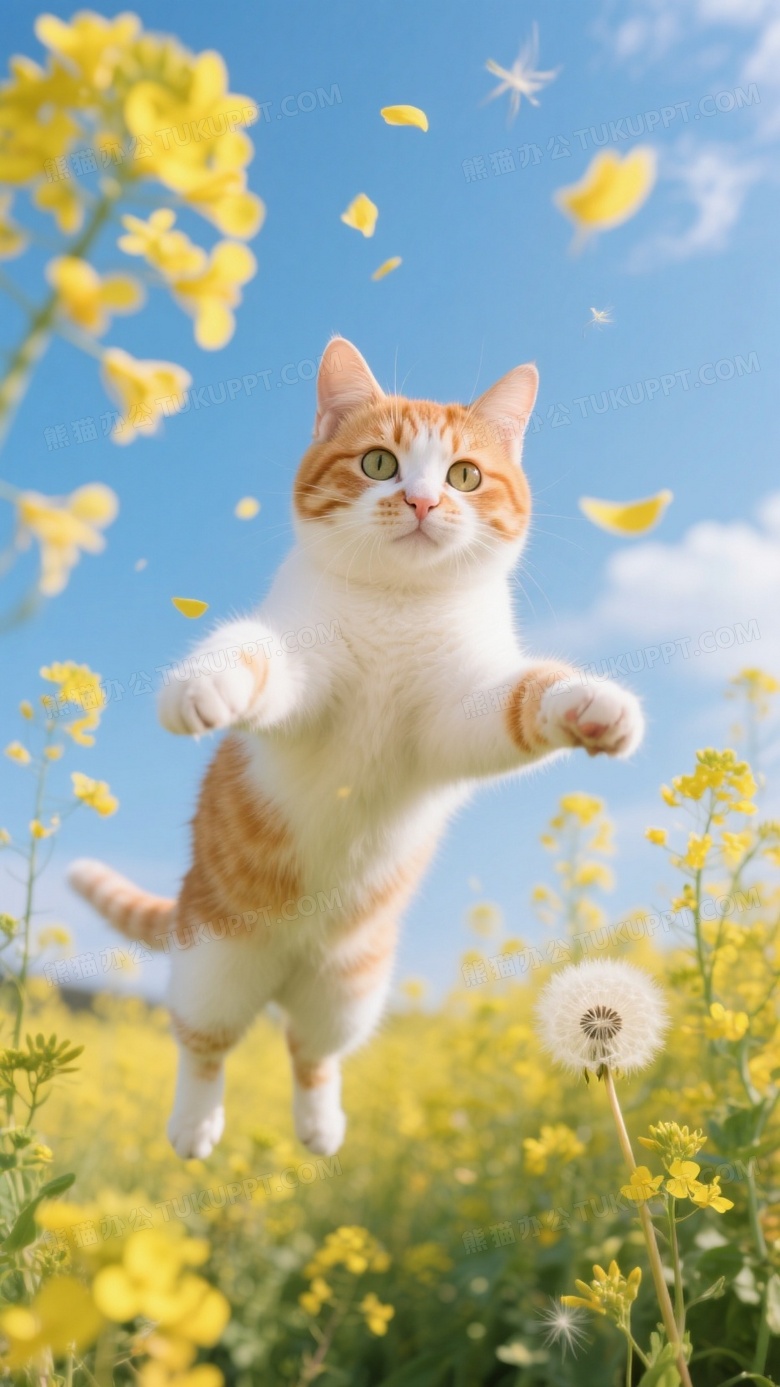 橘白相间奶猫在油菜花丛扑腾