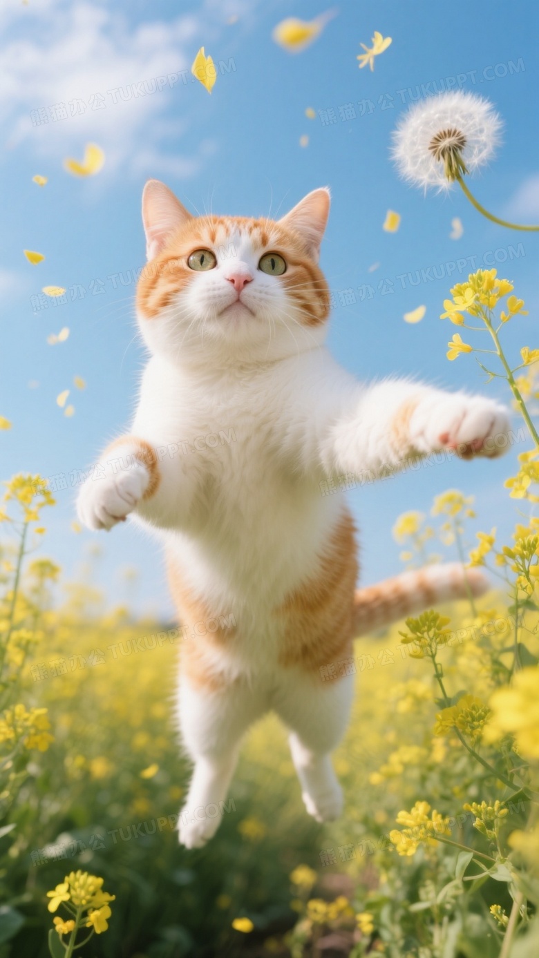 橘白相间奶猫在油菜花丛扑腾