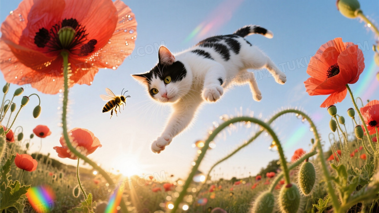 奶牛猫在虞美人花丛中腾跃抓蜜蜂