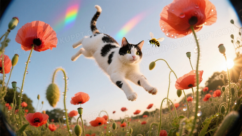 奶牛猫在虞美人花丛中腾跃抓蜜蜂